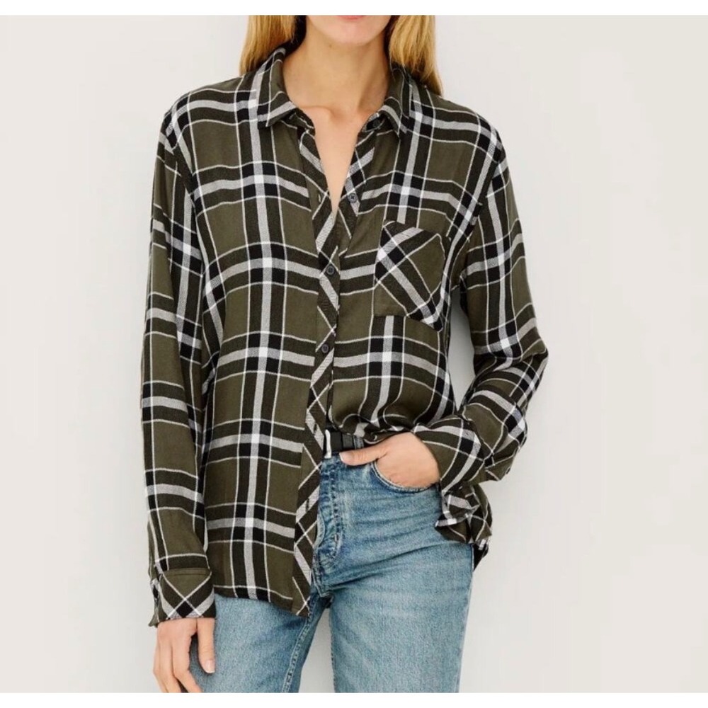 Rails Hunter Kalamata Black Plaid Button Down Shirt Olive Brown Rayon Size L